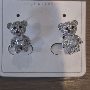 Crystal Teddy Bear Stud Earrings - Sparkling Silver Tone